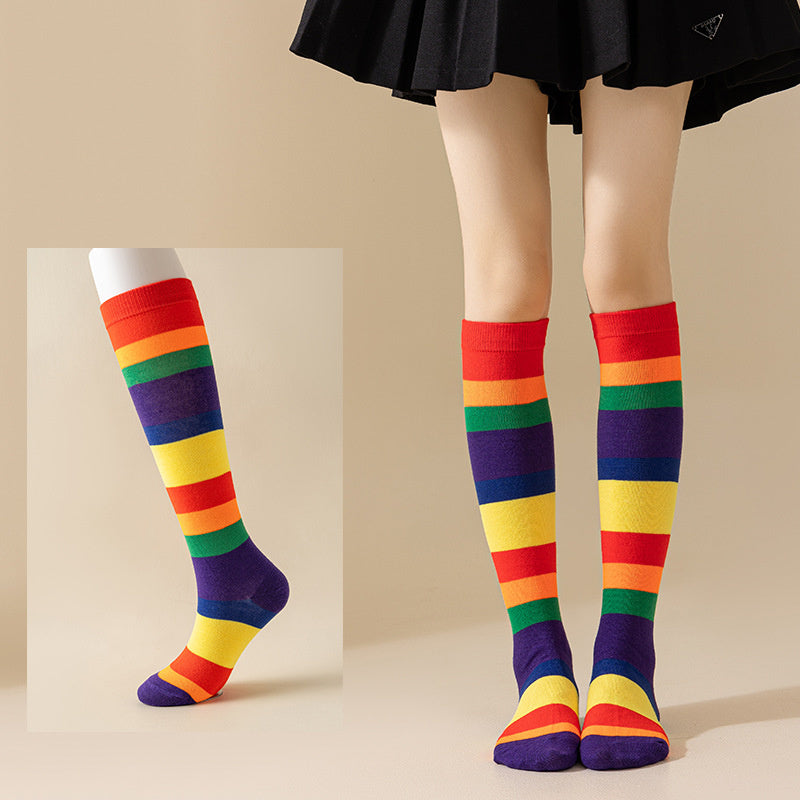 Rainbow Striped Crew Rainbow Knee High Cosplay Socks