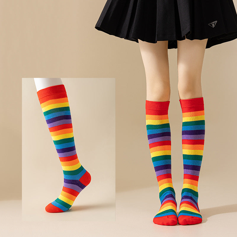 Rainbow Striped Crew Rainbow Knee High Cosplay Socks