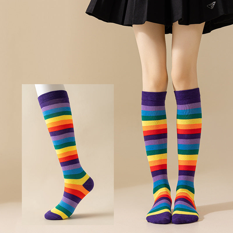 Rainbow Striped Crew Rainbow Knee High Cosplay Socks
