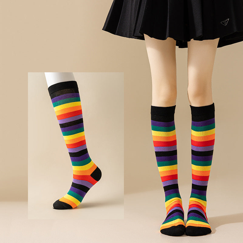 Rainbow Striped Crew Rainbow Knee High Cosplay Socks