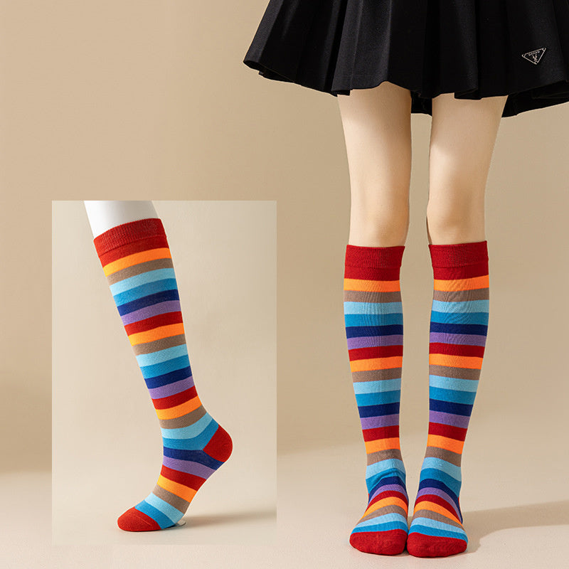 Rainbow Striped Crew Rainbow Knee High Cosplay Socks